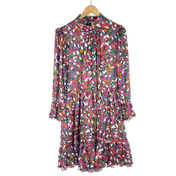 Etcetera Multicolor Brushstroke Pleated Metallic Long Sleeve Flowy Mini Dress 14 - Picture 1 of 10